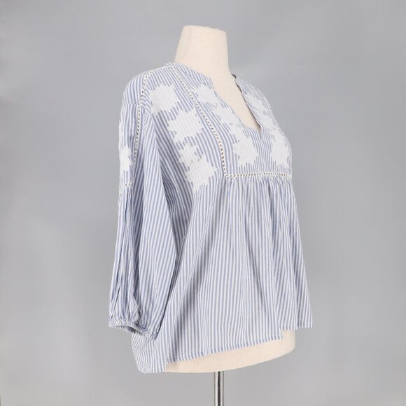 MAISON 123 PARIS Blue Striped V-Neck White Embroidery Flowy Blouse Size L - Picture 2 of 8